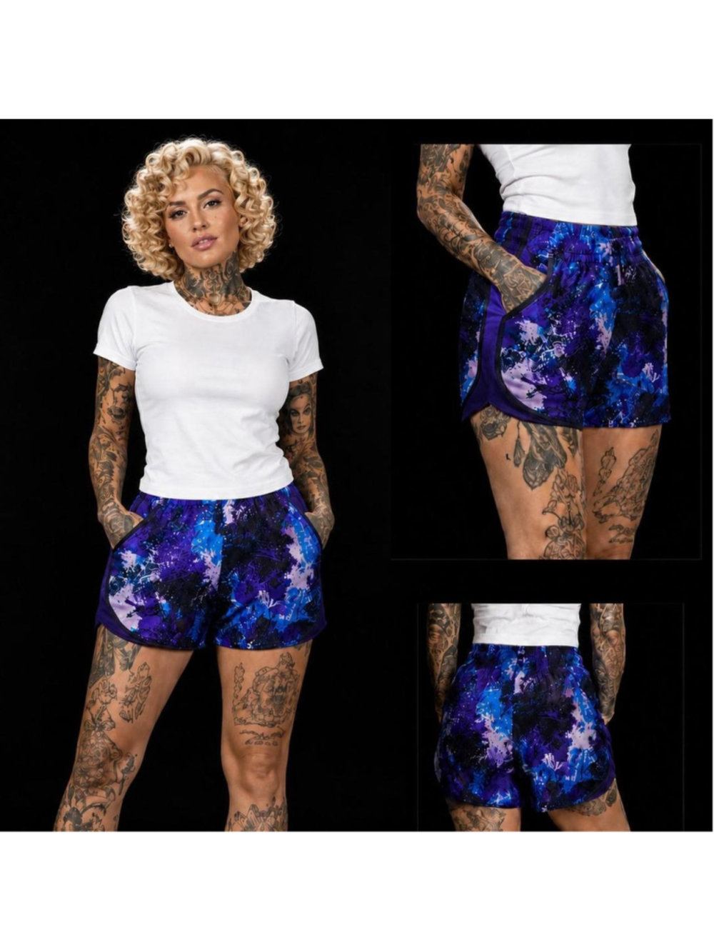 These are women's Nike Dri-FIT Tempo running shorts in a purple and blue "chalkd